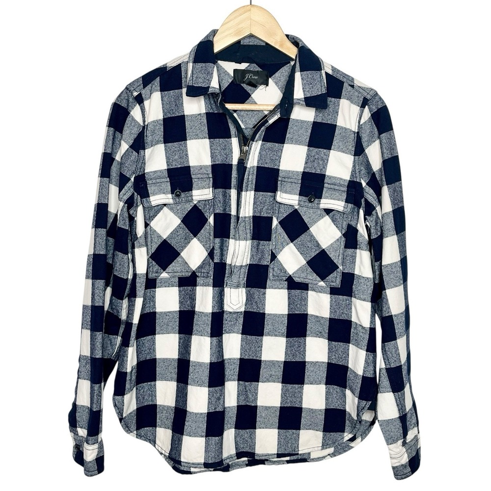 J Crew Buffalo Check Shirt Jacket Navy Womens Small Wool Cotton Shacket